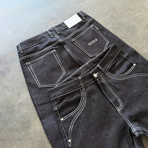Fabricantes de Ropa, Jeans Ajustados Personalizados para Hombre, Jeans Negros de Mezclilla Cruda, Cintura Alta, Pierna Recta, Jeans Resistentes de Estilo Urbano - Product Image 2