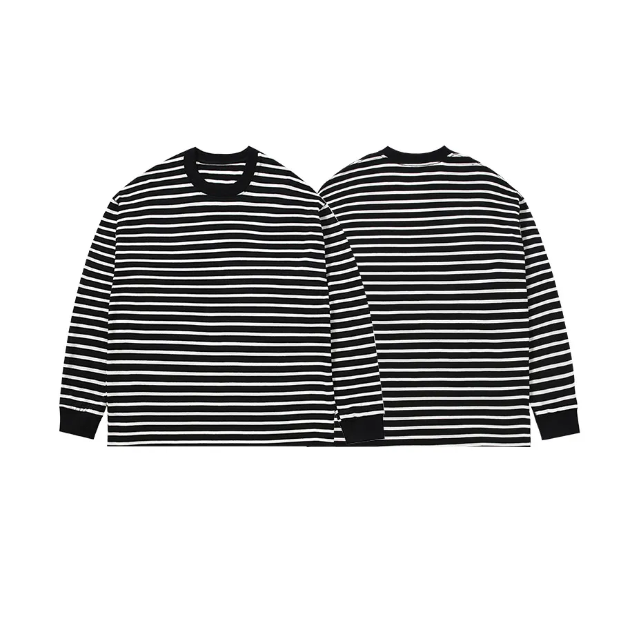 American Small Neckline 280gsm T-shirt à manches longues à rayures noires et blanches T-shirt unisexe à épaules tombantes 100% coton