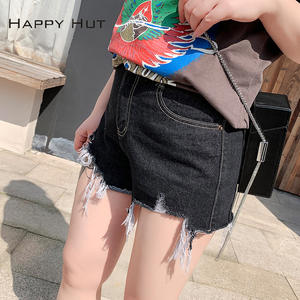 Shorts de Mezclilla para Mujer Talla Grande, Negros, Desgastados, con Borde Deshilachado, Cintura Alta, Estilo Veraniego N6979 - Product Image 5