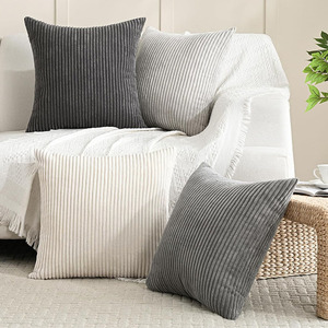 中立コーデュロイ装飾ソファ投げ枕カバーモダン農家ストライプケースソフトスクエアアクセント素朴なクッションカバー - Product Image 2