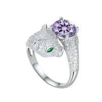 Bague ajustable pour femme en argent sterling S925 avec moissanite multicolore 2 carats, plaqué rhodium, motif tête de léopard et sertissage griffe