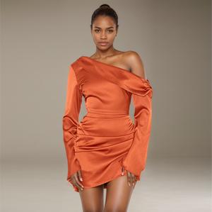 Mini <span class=keywords><strong>Vestido</strong></span> de satén de un hombro Sexy elegante para mujer con mangas largas <span class=keywords><strong>Vestido</strong></span> de Club elegante simple para mujer - Product Image 2