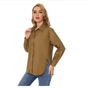 Custom 100% Cotton Fashion V Neck Long Sleeve Blouses Casual Loose Fit Work Dress Shirts For Women