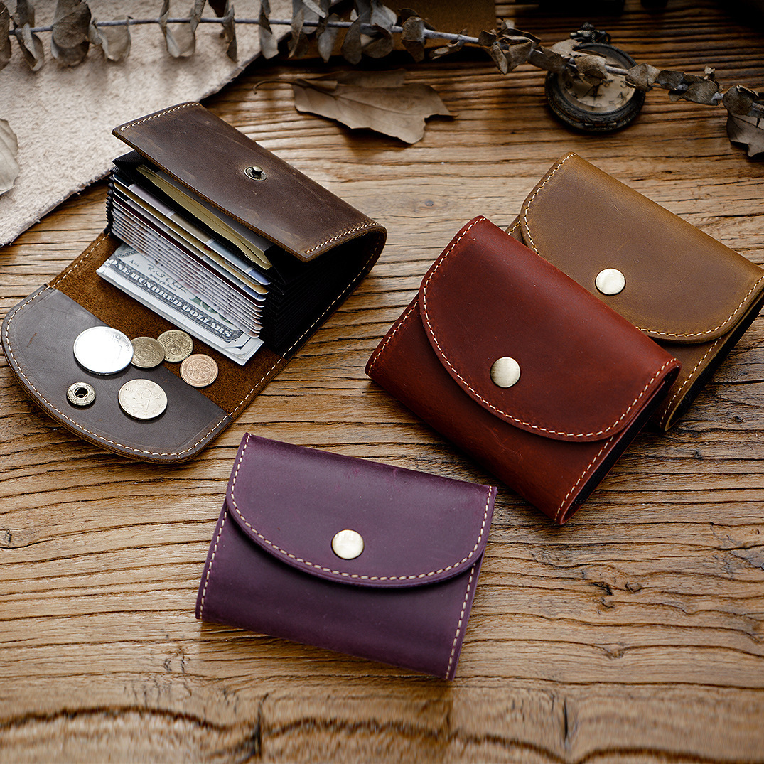 Genuine Leather Short Wallet For Women - RFID Blocking, Vintage Handmade Purse With Money Clip, Brown