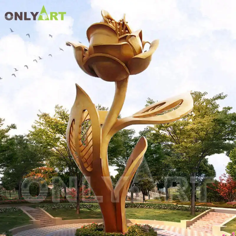 Modern Home Outdoor Garden Decoration Metal Art Stainless Steel Gold Flower Sculpture