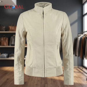 เสื้อแจ็คเก็ตหนังวัวแท้ทรงบอมเบอร์ แบรนด์ GLOBAL LEATHER สีขาว คอตั้ง ถักทอ ระบายอากาศได้ดี เป็นมิตรกับสิ่งแวดล้อม เหมาะสำหรับฤดูหนาว สไตล์วาร์ซิตี้ สำหรับผู้หญิง - Product Image 1