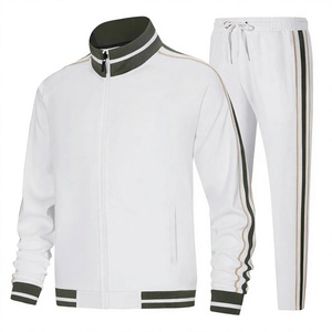 Men's Tracksuit Set Stand Collar Zip Up Jacket and Striped Pants Two <b>Piece</b> Sporty Outfit White Green - Product Image 1