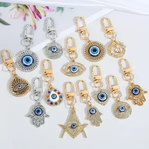 Toptan moda Charm kristal Rhinestone Fatima hamsa el türk büyük mavi nazar anahtarlıklar