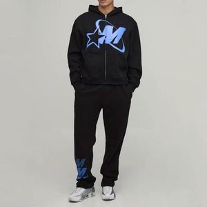 Sudadera con capucha y cremallera completa con estampado de letras Star‑M en negro y azul, pantalones deportivos de pierna recta, conjunto deportivo de dos piezas para hombre - Product Image 4