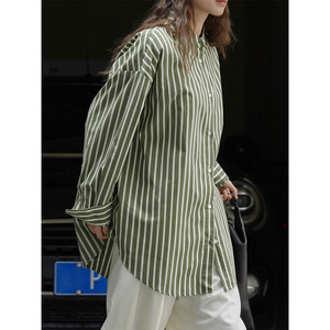 Nuova <span class=keywords><strong>camicia</strong></span> a righe senza colletto minimalista in <span class=keywords><strong>stile</strong></span> <span class=keywords><strong>giapponese</strong></span> primaverile, comoda camicetta snellente da donna - Product Image 3