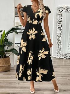 Vestido midi de verano para mujer con cuello en V, manga casquillo, estampado floral, cinturón y corte en A, estilo casual cruzado - Product Image 6