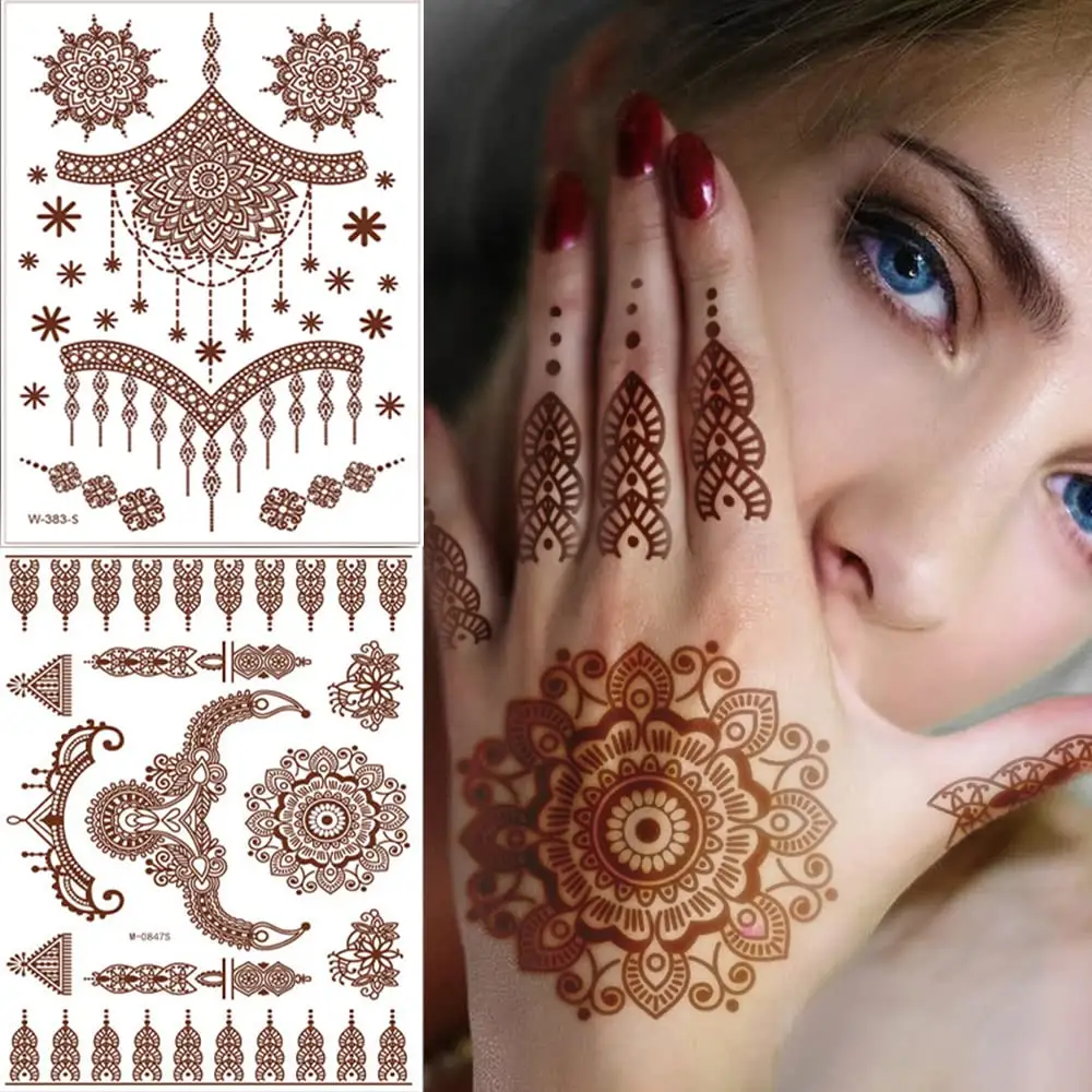 Impermeable encaje flor marrón Henna Mehendi diseño tatuajes temporales hoja adhesiva para mujer dedo pie