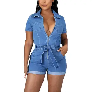 Vrouwen Effen Kleur Jumpsuit Groothandel Sexy Jurk Hoge Taille Strakke Denim Jumpsuit