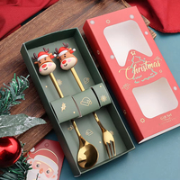 Ensemble de couverts de Noël modernes en acier inoxydable doré |   Fourchette à dessert et cuillère à café avec boîte cadeau pour la décoration de table de Noël