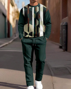 Tuta Casual da Uomo in 2 Pezzi, Set Trendy con <span class=keywords><strong>Felpa</strong></span> Stampata a Maniche Lunghe e Pantaloni con Coulisse per Sport Quotidiani e Attività all'Aperto - Product Image 6