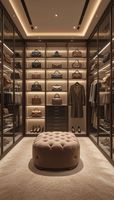 Dressing moderne de luxe avec porte en verre, armoire de chambre personnalisée avec éclairage LED