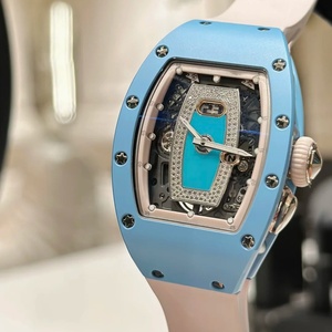 Reloj Mecánico 037 de Lujo Sencillo con Caja de Cerámica Azul y Oro Rosa con Incrustaciones de Diamantes, Doble Visualización de Fecha y Hora, Esfera Semi-Squeletizada - Product Image 3