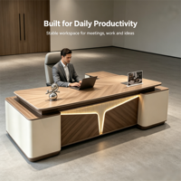 Bureau de direction moderne de luxe, grand bureau de patron avec éclairage LED pour PDG, mobilier de bureau administratif, ensemble de bureau de gestionnaire