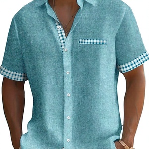 Men Casual Short Sleeve <b>Geometric</b> Print <b>Shirt</b> Button Pocket Design Light Polyester Plus Size Anti-Wrinkle for Beach Summer - Product Image 1