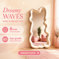 Miroir sur pied géant de style européen, esthétique personnalisée, de forme irrégulière, avec cadre en bois de pin blanc pour la décoration de salon.
