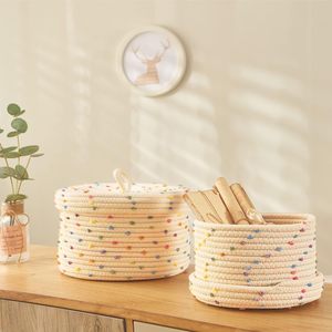 Woven Storage <b>Basket</b> With Lid Round Beige With Dots Handmade For Toys And Snacks Organizer - Product Image 1