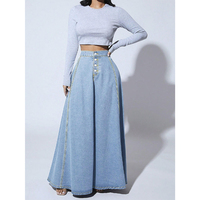 Gonna Lunga Maxi in Denim da Donna all'Ingrosso, Modello a Trapezio, Vita Alta, Bottoni Frontali, Cuciture a Contrasto, in Cotone Intrecciato Tinta Unita