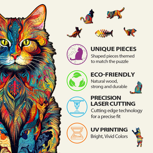 Puzzle en bois coloré en forme de chat, puzzle en bois irrégulier en forme d'animal avec un design artistique vibrant pour adultes et décoration intérieure - Product Image 4
