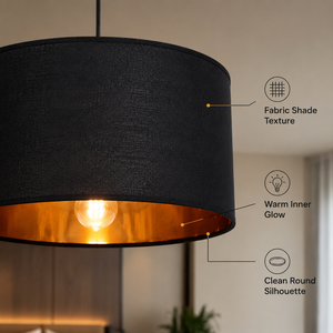 Modern Fabric Pendant <b>Light</b> Black Drum Iron E27 Wall Switch Indoor Ceiling Mount 40cm For <b>Dining</b> Room Home Restaurant - Product Image 3