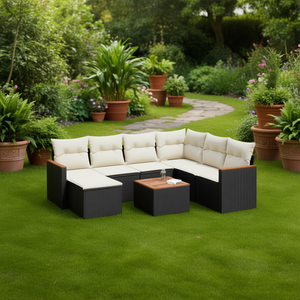 Conjunto de sofá de jardín color crema, blanco y negro con cojines, 6 plazas, muebles de exterior de mimbre y ratán, diseño contemporáneo - Product Image 2