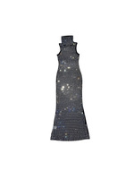 Robe longue élégante pour femmes, en dentelle transparente, avec lacets, tissu en maille et bordure en strass, sans manches, longueur au sol