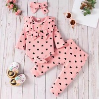 Ensemble de vêtements côtelés pour bébé fille, barboteuse à manches longues avec bandeau à nœud, pantalon et bandeau assortis pour tout-petits, tenue quotidienne pour bébé