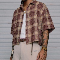Chemise courte boutonnée à carreaux effilochés, style vintage, texturée, à manches courtes, streetwear