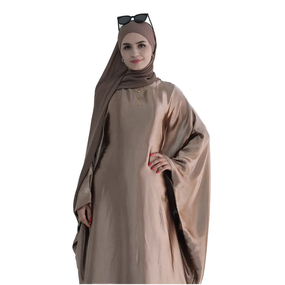 2024 nuevos diseños modestos de Abaya manga de murciélago brillante Pooyester Plain Dubai Abaya ropa musulmana vestidos de mujer