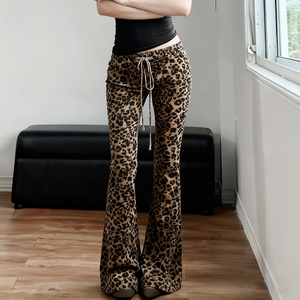 Pantalones acampanados de punto con estampado de leopardo para mujer, con cordón, de tiro medio, ajustados, informales, largos, estilo callejero Y2K - Product Image 6