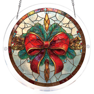 Round Stained Glass Suncatcher Christmas Bow <b>Ornament</b> Traditional Window Hanging Decor with <b>Red</b> Ribbon and Green Leaves Design - Product Image 1