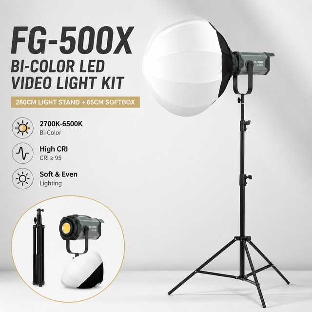 FG-500X 500W COB LED Video Light Kit with Stand & 65cm Softbox for Live Streaming & Photography