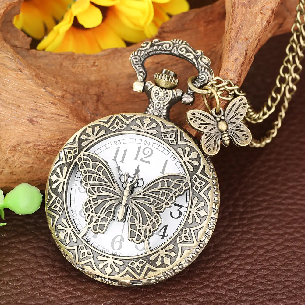 प्राचीन उपहार शिल्प कांस्य फ्लिप एफओबी घड़ी खोखले तितली लटकन जेब घड़ी की चेन के साथ
