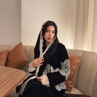 Ensemble Abaya de Luxe en Dentelle et Velours 2026, Manteau Abaya Musulman avec Hijab Assorti, Vêtement Islamique Modeste à Manches Longues Noir