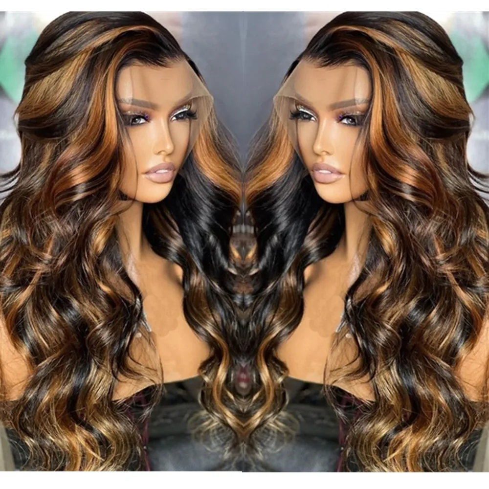 Synthetic Ombre Blonde Highlight With Black Colored With Baby Hair Highlight Lace Front Wigs Body Wave Lace Frontal Wigs