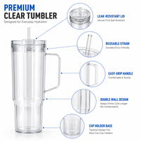 Gobelet personnalisé en plastique PS transparent à double paroi de 40 oz avec poignée, tasse de voiture transparente avec paille, vente en gros