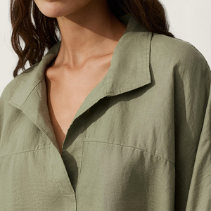 Camicetta da <span class=keywords><strong>Donna</strong></span> in Puro <span class=keywords><strong>Lino</strong></span> con Colletto a Polo, Mezza Abbottonatura, Vestibilità Ampia, Stile Resort Casual Loungewear, Taglio Corto Oversize, Mezza Manica - Product Image 3