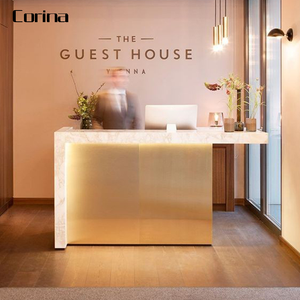 Comptoir de réception compact en pierre artificielle <span class=keywords><strong>Corina</strong></span> avec éclairage LED, garantie 10 ans, surface polie, style moderne et luxueux, convertible - Product Image 1