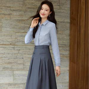 French Striped Polo Collar Long Sleeve Shirt Women Autumn 2025 Commuter Top Slim Fit Blouse Poplin Fabric - Product Image 3