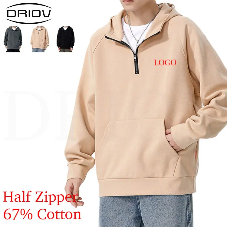 Loose Casual Plain Custom Made Zip Hooded Sweatshirt Men Oversized Hoodies Half Zipper Fleece Pullover
