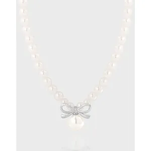 雅恩原装925纯银高品质项链白色珍珠简约精致蝴蝶结设计时尚礼品女性