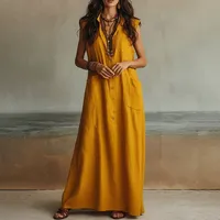 Robe longue boutonnée coupe ajustée, couleur unie, style français, décontractée, pour les vacances