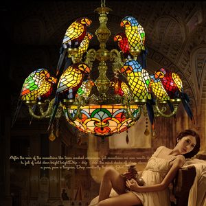 Retro 12 klasik papağan kuş tiffany vitray avize villa oturma odası bar restoran antika kristal kolye lamba - Product Image 3