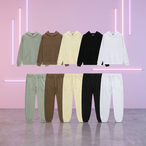 ชุดวอร์มผ้าฝ้ายแบบ unisex เสื้อฮู้ดและกางเกงขายาวรูดเชือก สีพื้น ชุดลำลองสำหรับผู้ใหญ่ ฤดูใบไม้ร่วง ทรงปกติ - Product Image 1