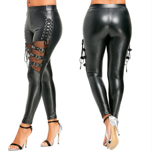 Pantalon moulant en <span class=keywords><strong>latex</strong></span> effet mouillé pour <span class=keywords><strong>femme</strong></span>, style gothique, taille haute, sexy, <span class=keywords><strong>noir</strong></span>, avec lacets, coupe skinny, push-up, extensible - Product Image 1