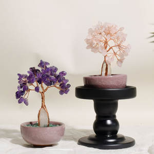 للبيع بالجملة شجرة الأحجار الكريمة بونساي كوارتز وردي خام منشور سداسي الشكل واضح مع شجرة نحت سلك الكريستال للحياة - Product Image 3